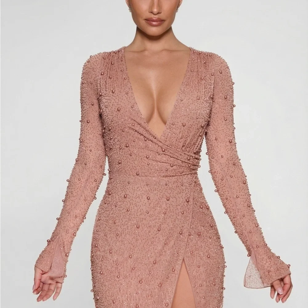 Embellished Wrap Over A-Line Mini Dress in Beige - 4 | Oh Polly